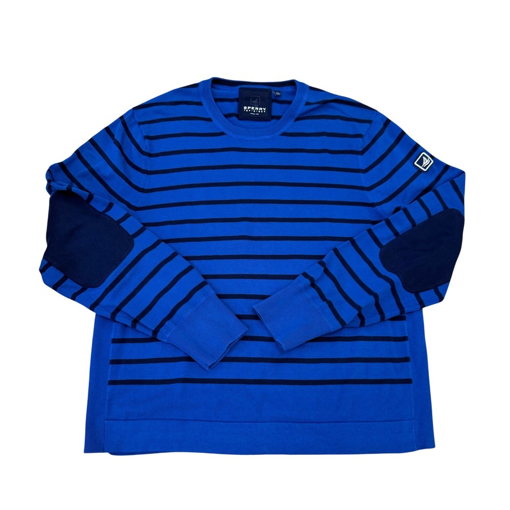 Sperry‎ Top-Sider Mens XL Blue Navy Striped Cotton Sweater Elbow Patches STSM253